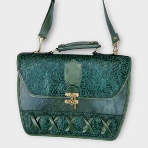 Dina Jordan Tooled Leather Shoulder Bag Sea Green Floral Metal Hardware VTG